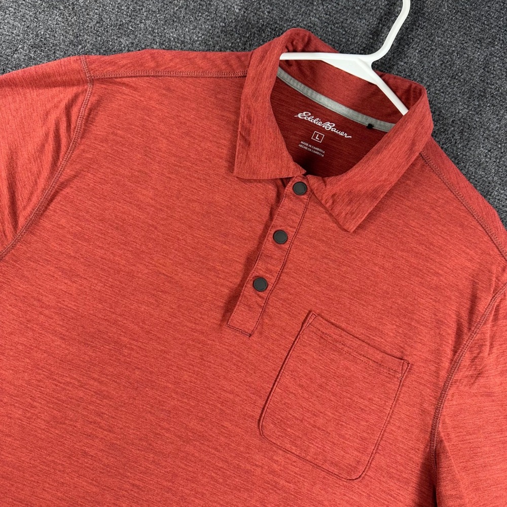 Eddie Bauer Polo Shirt Mens L Large Orange Heathered Snap Placket Pocket Hiking